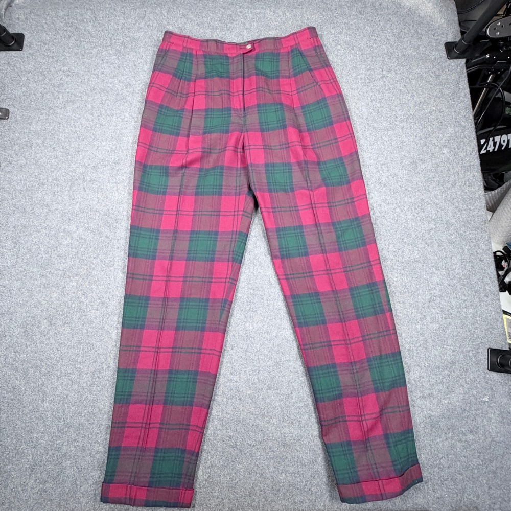 The Scotch House Red Green Plaid Wool Blend Pleated Cuffed Trousers USA 14